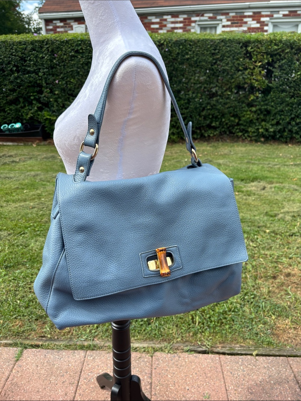 Gianni Notaro Soft Blue Leather Shoulder Bag with Tortoiseshell Accent